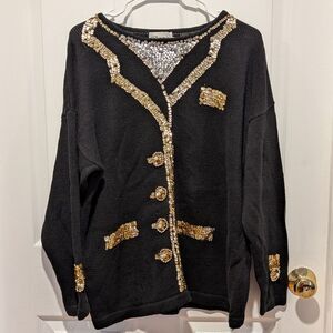 Vintage Marmie West Size Medium Black and Gold Sequin Kitschy Gawdy Ugly Sweater